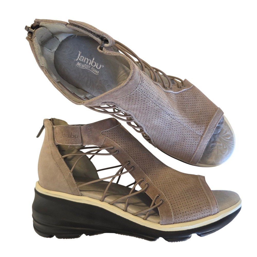 Jambu Naomi Taupe Leather Platform Wedge Sandals Back Zip Bungee Womens 9M